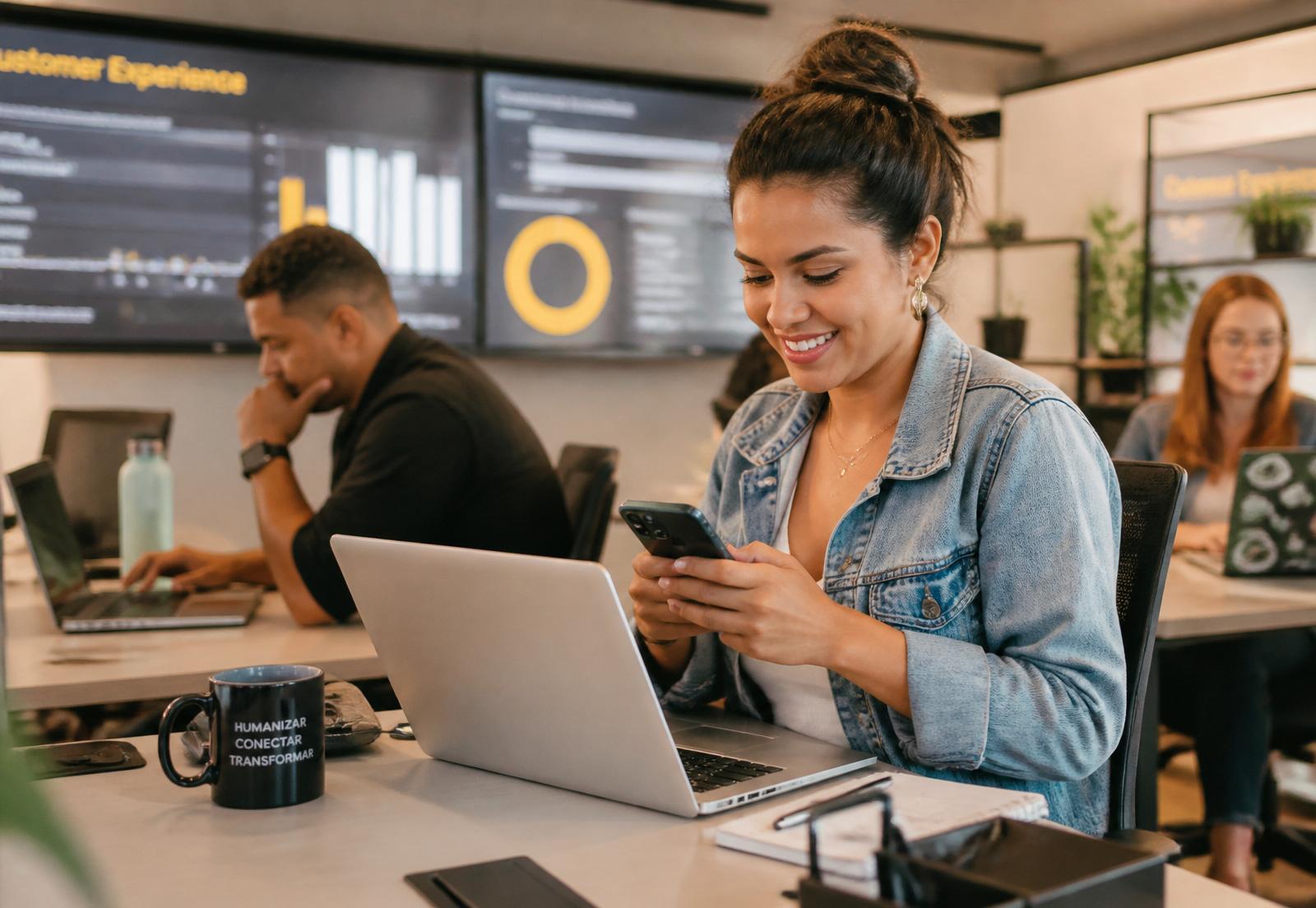 Equipe em ambiente empresarial analisando dados de atendimento em telas e dispositivos